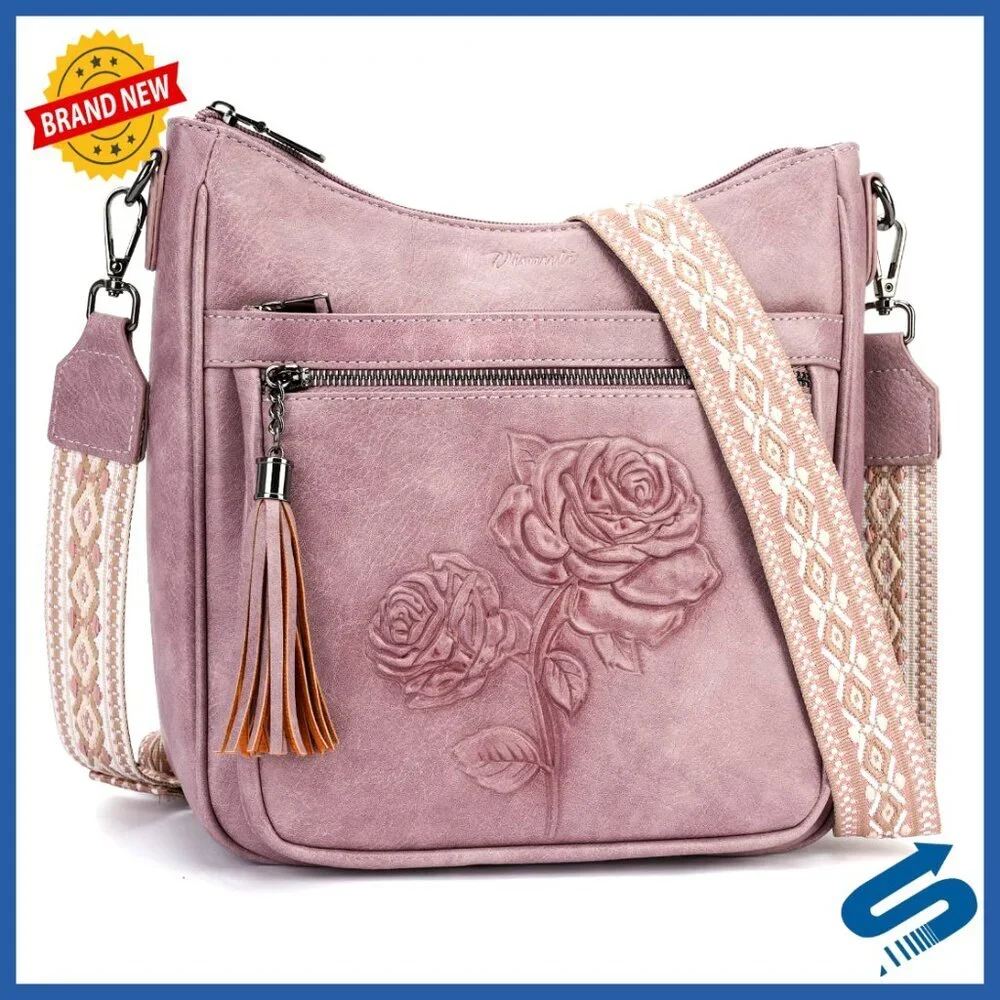 Vegan Leather Hobo Purse Crossbody Bag Embossed Floral Retro Chic Travel